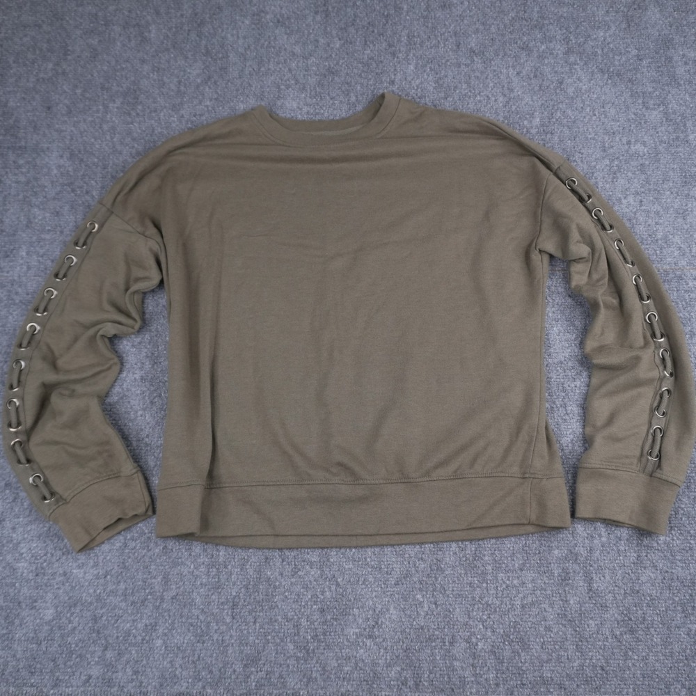 Messy Bun Just Chillin' Sweatshirt Womens‎ M Olive Green Lace Up Sleeve Grommet